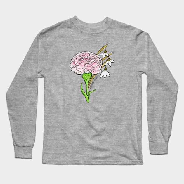 Birth Flower.- January Carnation and Snow Drops Long Sleeve T-Shirt by JodiLynnDoodles